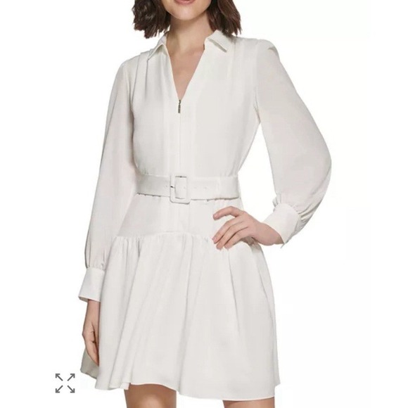 KARL LAGERFELD PARIS Crepe Drop Waist Dress White‎ Size 8 Belted Zip Front - Picture 1 of 10